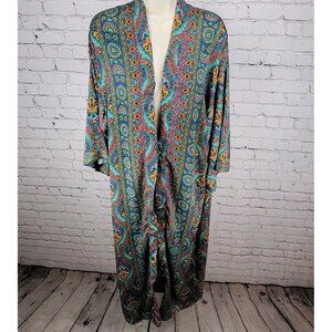 NWT LARA Ethnics Multicolor Floral Saska Oyster Blue Long Kimono Robe Size TU
